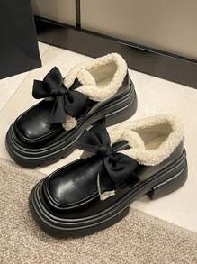 Fashionable Women's Round Toe Loafers With Bow Knot, Wedge & Platform Thick Bottom, Waterproof - Black - View 2