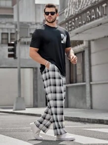 GENTILAND 男士大尺碼格紋拼接口袋t恤和格紋印花褲子休閒2件套裝 - 彩色 - 查看 3