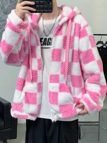 Manfinity Hypemode 男士寬鬆深粉色格紋拉鍊連帽毛絨夾克 - 粉色 - 查看 4