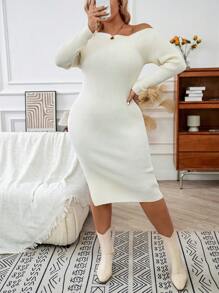 Calvaya 女式加大码不对称领开衩毛衣裙 - 杏色 - 查看 1