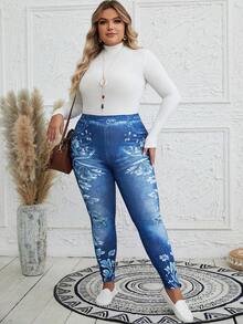 EMERY ROSE 女性加大碼花紋和牛仔效果緊身褲 - 藍色 - 查看 5