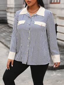 SHEIN Unity Women's Plus Size Striped Color Block Turn Down Collar Shirt - Multicolor - View 1