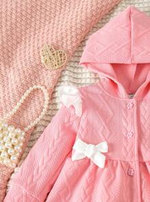 SHEIN 寶寶女孩休閒可愛優雅蝴蝶結連帽長袖外套,完美適用於秋冬外出 - 粉色 - 查看 4