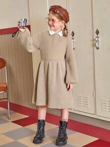 SHEIN 少女翻领灯笼袖毛衣连衣裙 - 卡其色 - 查看 1