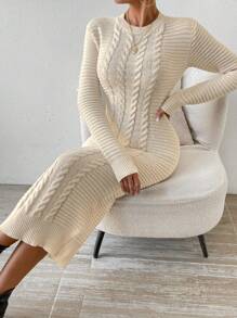 SHEIN Privé Màu thuần Đầm Áo len - Màu be - Xem 5