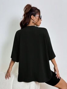 SHEIN EZwear 女款卡通字母印花t卹 - 黑色 - 查看 2