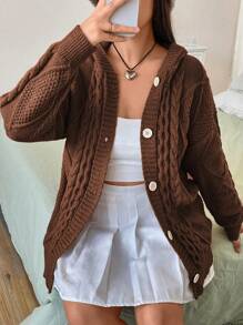 Flirla Của phụ nữ Kích thước lớn Thả vai Nút áo có mũ Dệt kim Áo len Mở - Màu nâu  Mocha - Xem 7