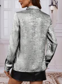 SHEIN Clasi 女式翻領長袖襯衫 - 銀色 - 查看 2