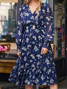 SHEIN Frenchy 1pc Floral Print Lantern Sleeve Ruffle Hem Belted Dress - Multicolor - View 8