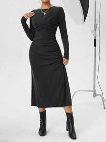 SHEIN Essnce Women's Solid Color Cross Wrap Dress - Grey - View 5