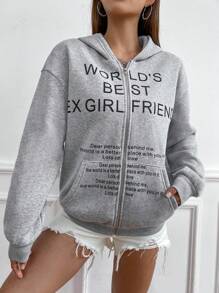 SHEIN Unity Sudadera Con Capucha Y Cremallera Con Patrón En Inglés - Gris Claro - Ver 1