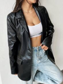 SHEIN EZwear Cổ áo tây Da giả Áo vest Áo khoác - màu đen - Xem 3