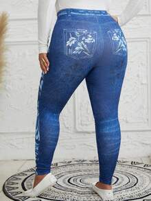 EMERY ROSE 女性加大碼花紋和牛仔效果緊身褲 - 藍色 - 查看 2