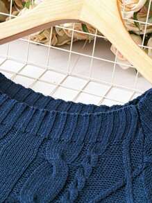 SHEIN CURVE+ Plus Size Cable Knitted Sweater With Raglan Sleeves - Navy Blue - View 5