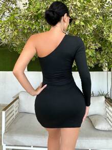 Zolique One Shoulder Ruched Bodycon Dress - Black - View 2