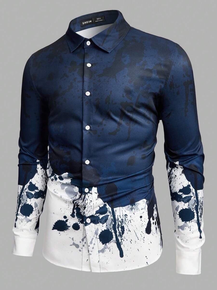 GENTILAND 男士潑墨印花長袖襯衫 - 藏蓝色 - 查看 1