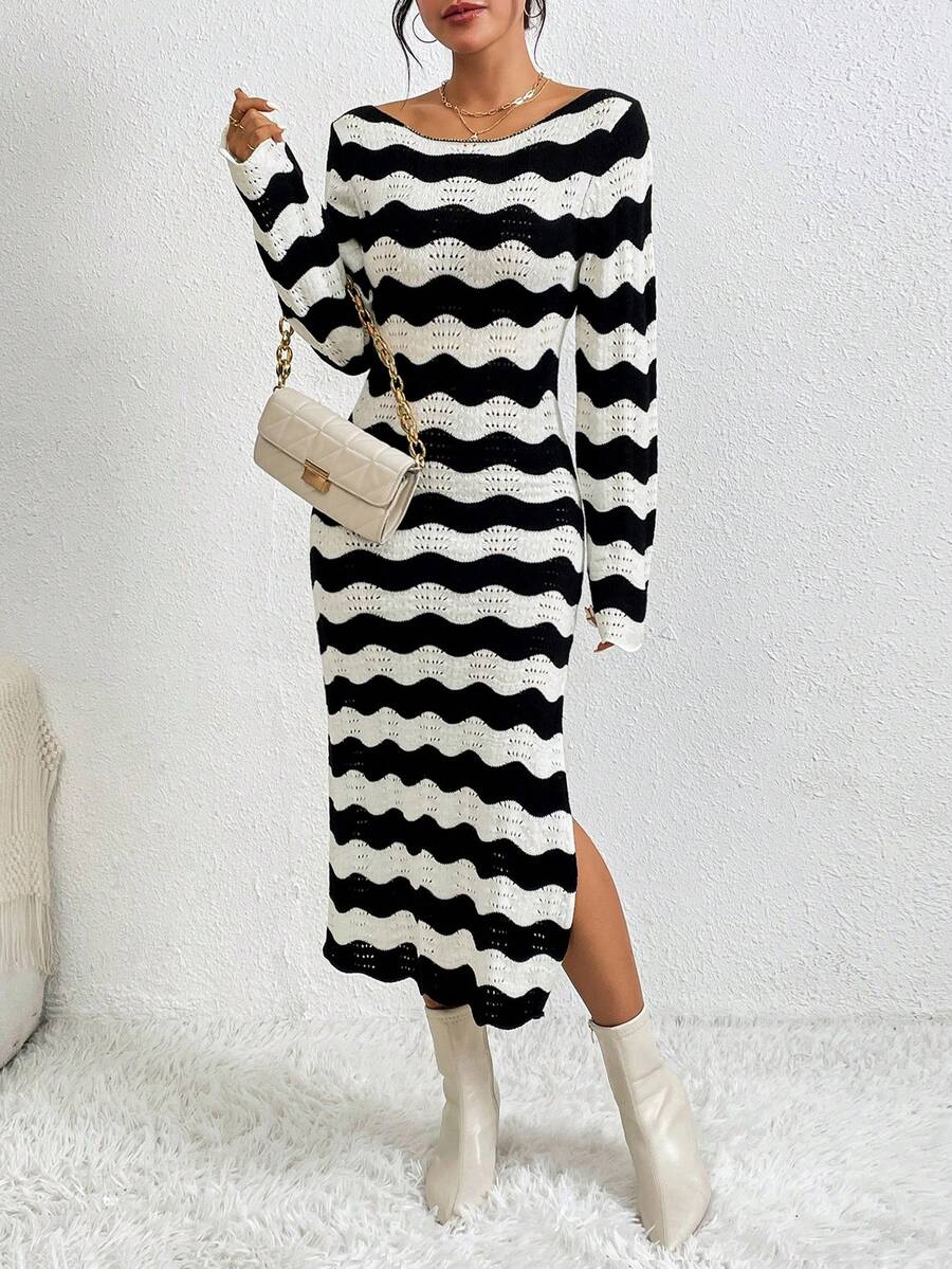 SHEIN Privé Boat Neck Wave Pattern Split Hem Sweater Dress - Black and White - View 1