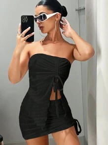 SHEIN ICON 女士無肩帶褶皺短上衣和裙子套裝 - 黑色 - 查看 4