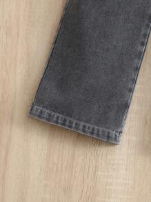 SHEIN Young Girl Street Style Sweet And Cool Wide Leg Denim Pants With Big Pockets Summer Holiday - Black - View 4