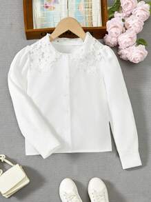 SHEIN Cô gái Tween Bảng điều khiển ren Guipure Ống tay áo Áo sơ mi - trắng - Xem 1