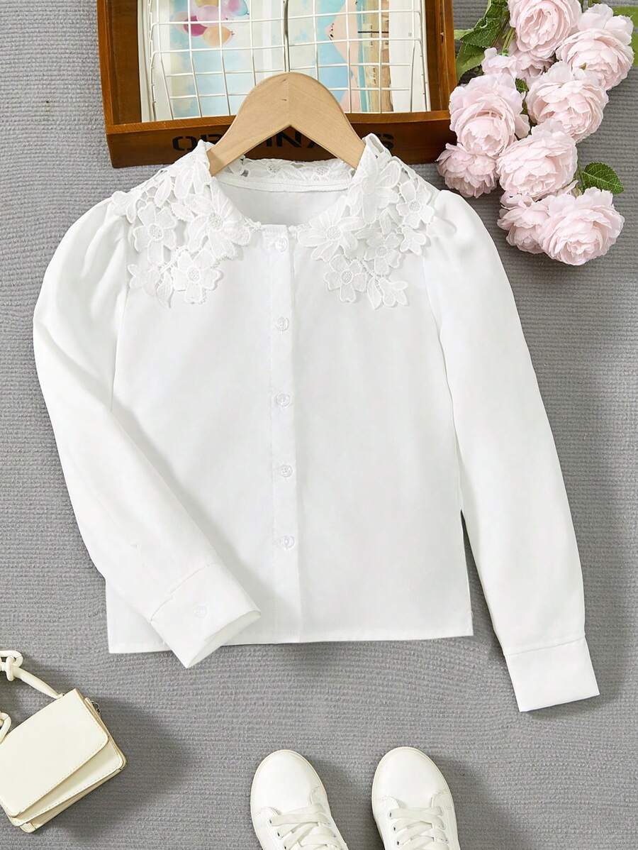 SHEIN Cô gái Tween Bảng điều khiển ren Guipure Ống tay áo Áo sơ mi - trắng - Xem 1