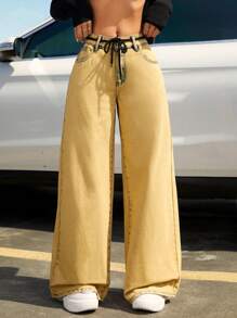 SHEIN ICON Của phụ nữ quần ống rộng Quần denim Với thắt lưng - Màu xanh lam - Xem 1