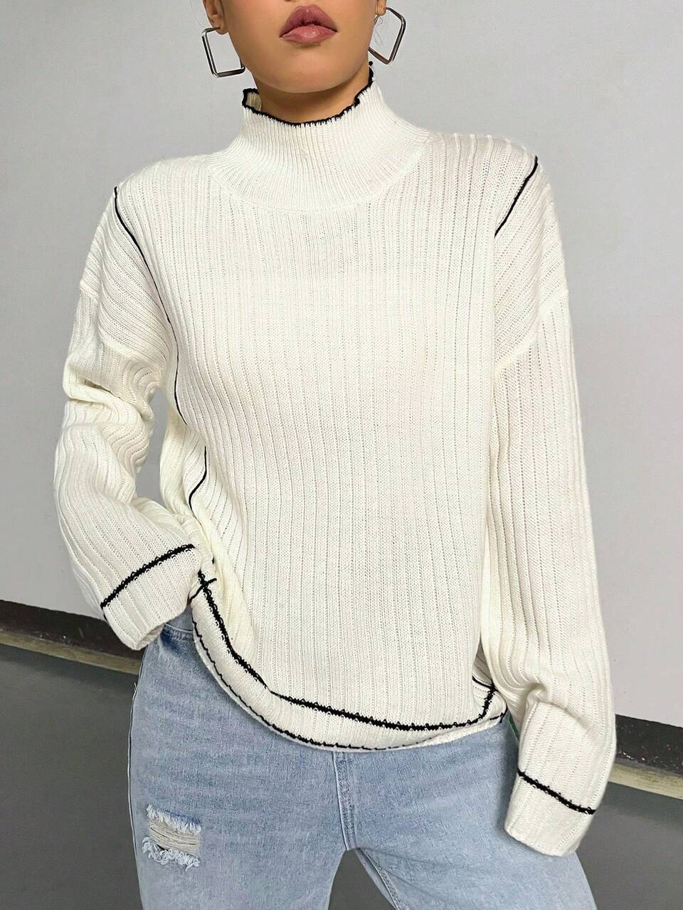 Mock Neck Drop Shoulder Contrast Binding Knit Pullover Fall Winter Sweater