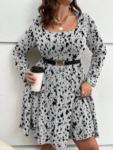 SHEIN Franclia 大碼印花圓領連衣裙（無腰帶） - 灰色 - 查看 4