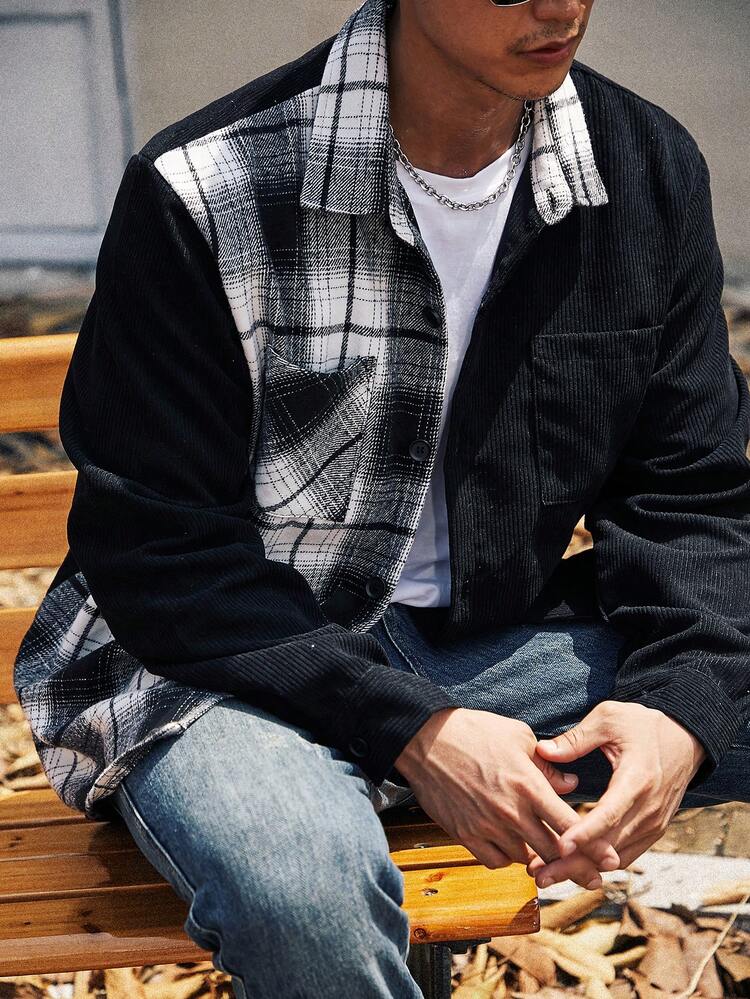 Men Plus Plaid Print Pocket Patched Button Up Overcoat