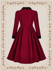 Vintamour 复古优雅女式连衣裙，圆领拼色花卉荷叶边下摆，修身款式，适合秋冬季、新年 - 紅色 - 查看 2