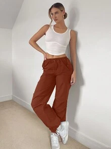 SHEIN Essnce 女用腰部抽繩降落傘褲 - 棕色 - 查看 5