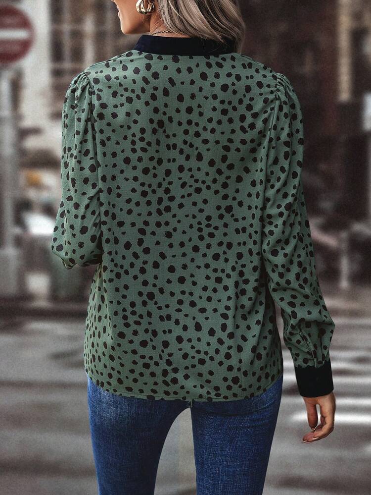 Women's Polka Dot Print Colorblock Shirt With Contrast Trim
