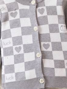 嬰兒男童格子心形圖案前鈕釦針織衫 - 灰色 - 查看 5