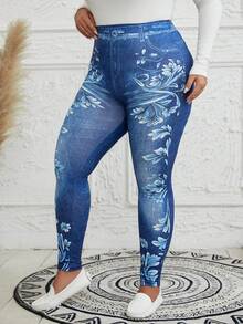 EMERY ROSE 女性加大碼花紋和牛仔效果緊身褲 - 藍色 - 查看 3