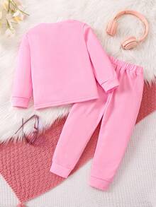 SHEIN Nhỏ bé Cô gái In thư Áo nỉ Và Quần thể thao Bộ - Hồng - Xem 2