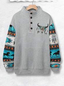 Manfinity Homme Loose Fit Men's Half Button Animal Printed Sweatshirt - Grey - View 4