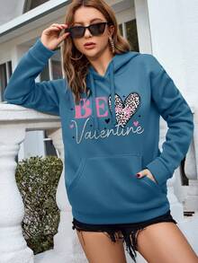 SHEIN LUNE Women's Hoodie With Letter And Leopard Print - Dusty Blue - View 5