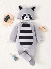 SHEIN 嬰兒男童3d浣熊圖案連身衣與刺繡帽子 - 灰色 - 查看 3