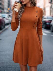 SHEIN Clasi Button Decorated Half High-collar Long Sleeve Dress - Orange - View 6