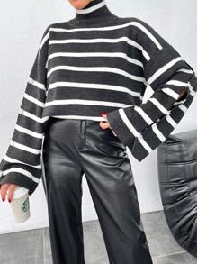 EURMUSE Women's Striped High Neck Sweater With Button Detail And Flare Sleeves - Black - View 4