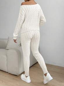 SHEIN Essnce Women' Solid Color Cable Knit Sweater 2pcs Set - White - View 2