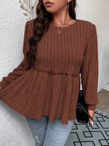 Flirla Talla grande Camiseta unicolor ribete fruncido peplum - Café integral - Ver 4
