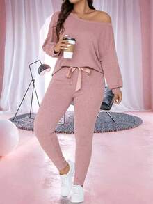 Conjuntos Talla Grande Nudo Canalé Liso Casual - Rosa - Ver 3