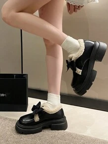 Fashionable Women's Round Toe Loafers With Bow Knot, Wedge & Platform Thick Bottom, Waterproof - Black - View 5