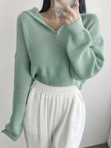 DAZY Ladies' Solid Color Short Hooded Zippered Sweater - Green - View 6