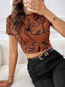 SHEIN Essnce Printed Short Sleeve Tight-fitting T-shirt - Brown - View 4
