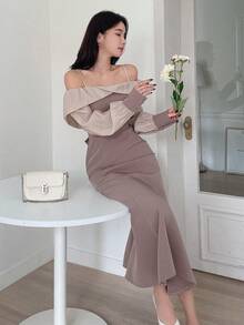 Dazy Star Khối màu Off-shoulder Tay áo Đuôi cá Hem Đầm - Màu be - Xem 4