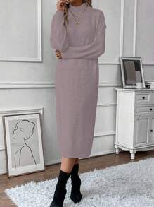 SHEIN Clasi Solid Color Stand Collar Drop Shoulder Long Sleeve Dress - Dusty Pink - View 1