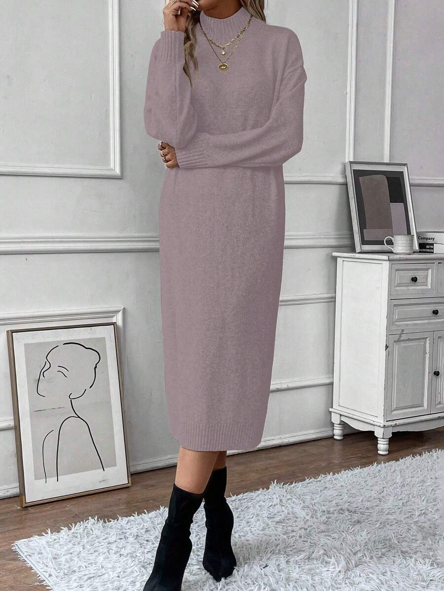SHEIN Clasi Solid Color Stand Collar Drop Shoulder Long Sleeve Dress - Dusty Pink - View 1