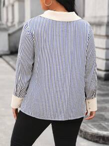 SHEIN Unity Women's Plus Size Striped Color Block Turn Down Collar Shirt - Multicolor - View 2